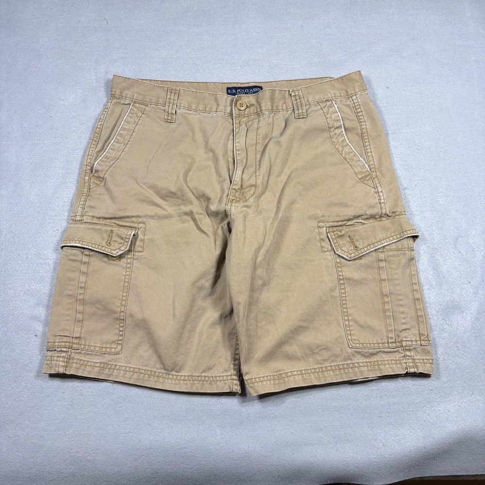 US Polo Assn Mens Baggy Cargo Shorts Tan Khaki Cotton Twill Multi Pocket Size 36